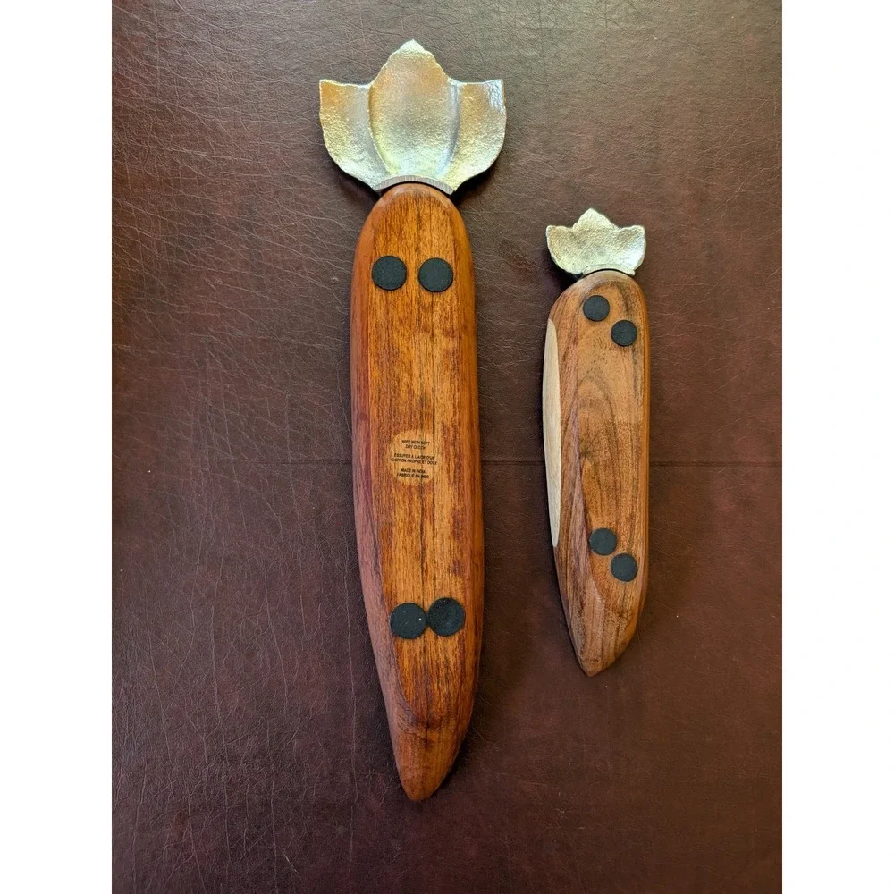 2x Hand Carved in India Wooden and Pewter Stacking Carrots Serving Tray (Pier 1)